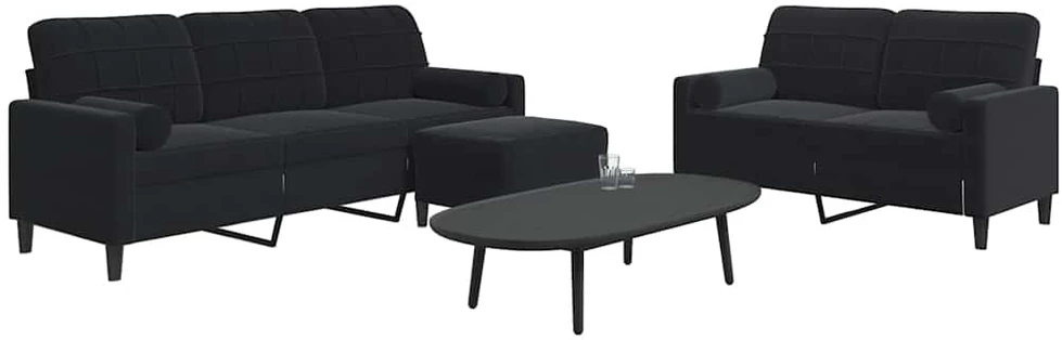 Sofa Sofos komplektas su pagalvėlėmis, 3 dalių, juodas, aksomas
