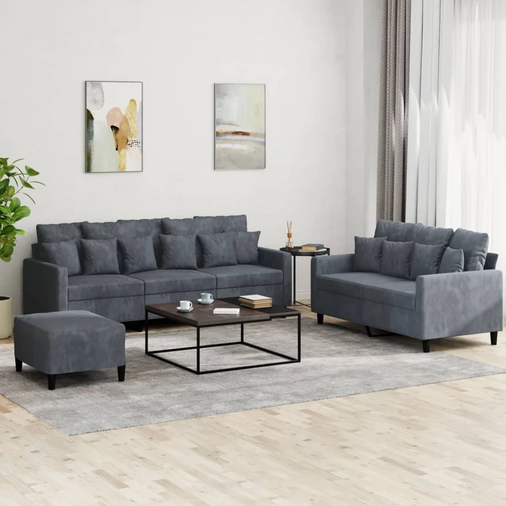 Sofa Sofos komplektas su pagalvėlėmis, 3 dalių, pilkas, aksomas