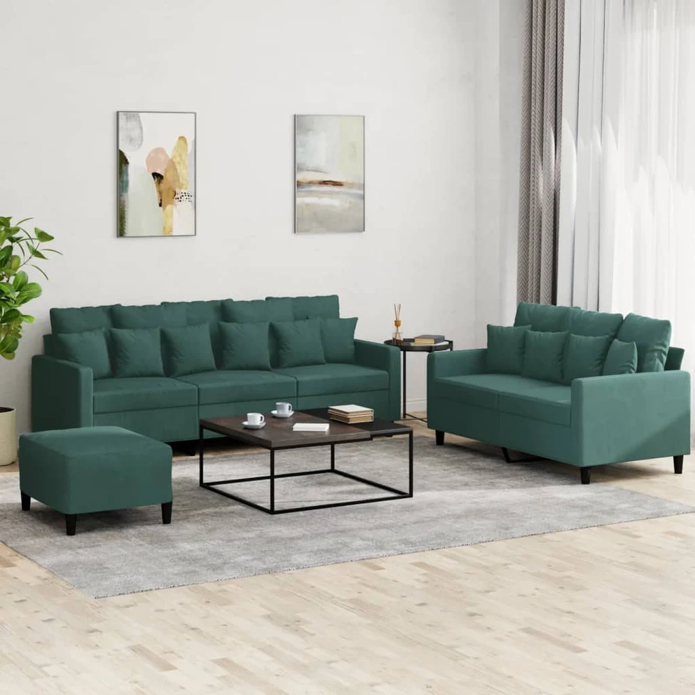 Sofa Sofos komplektas su pagalvėlėmis, 3 dalių, žalias, aksomas