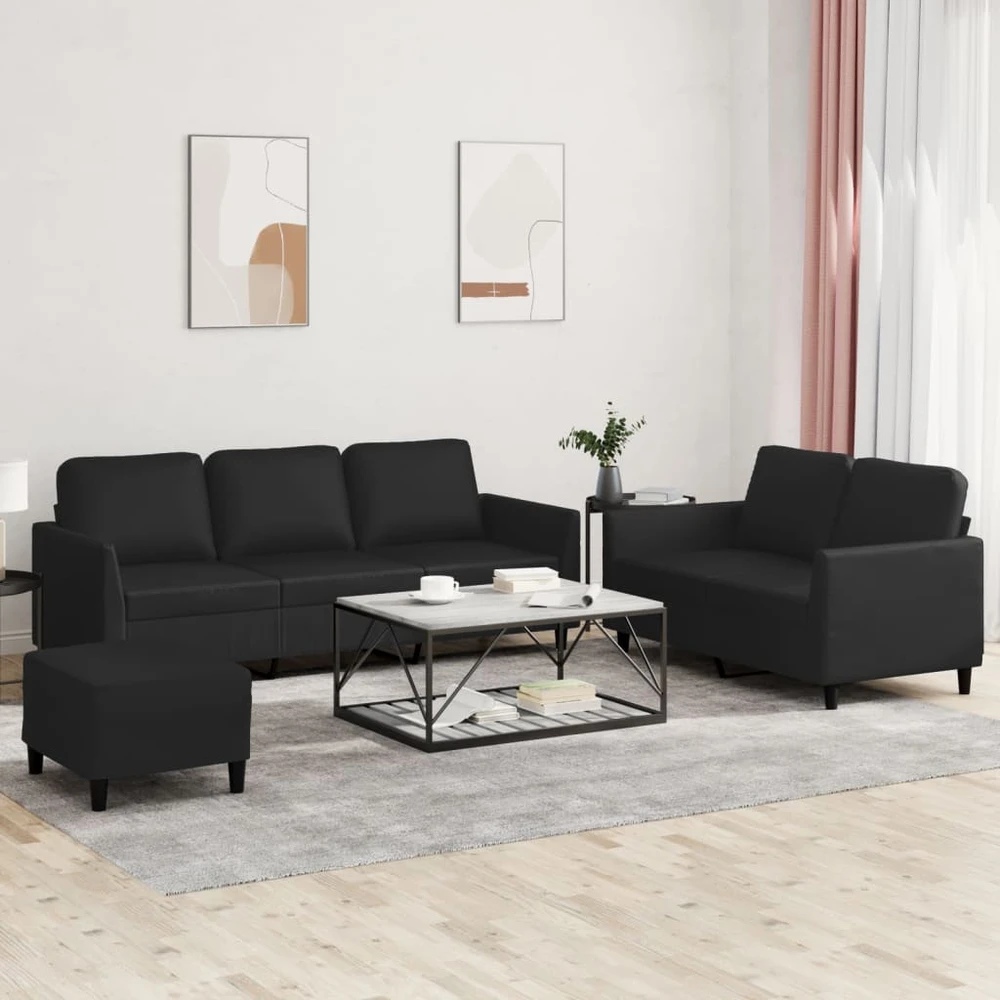 Sofa Sofos komplektas su pagalvėlėmis, 3 dalių, juodas, dirbtinė oda
