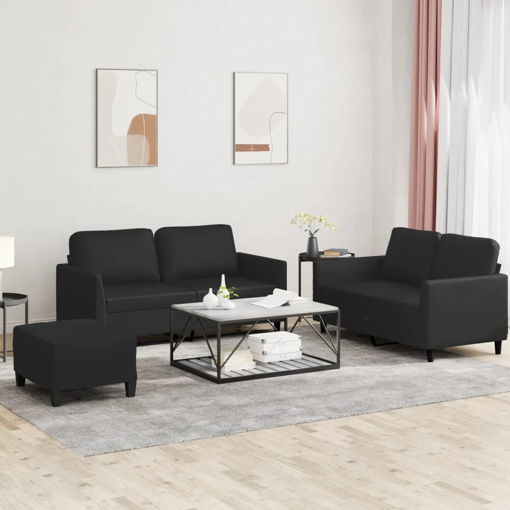 Sofa Sofos komplektas su pagalvėlėmis, 3 dalių, juodas, dirbtinė oda