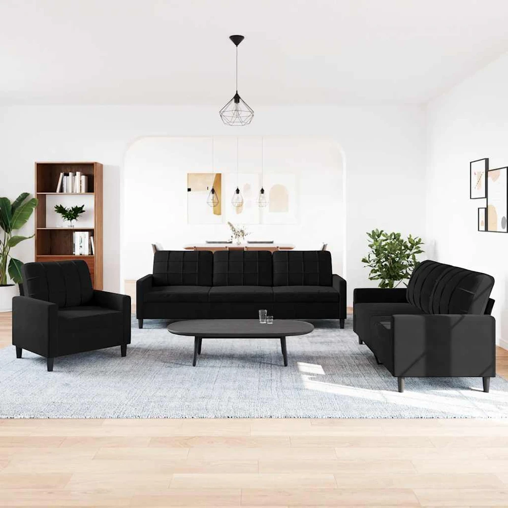 Sofa Sofos komplektas su pagalvėlėmis, 3 dalių, juodas, aksomas