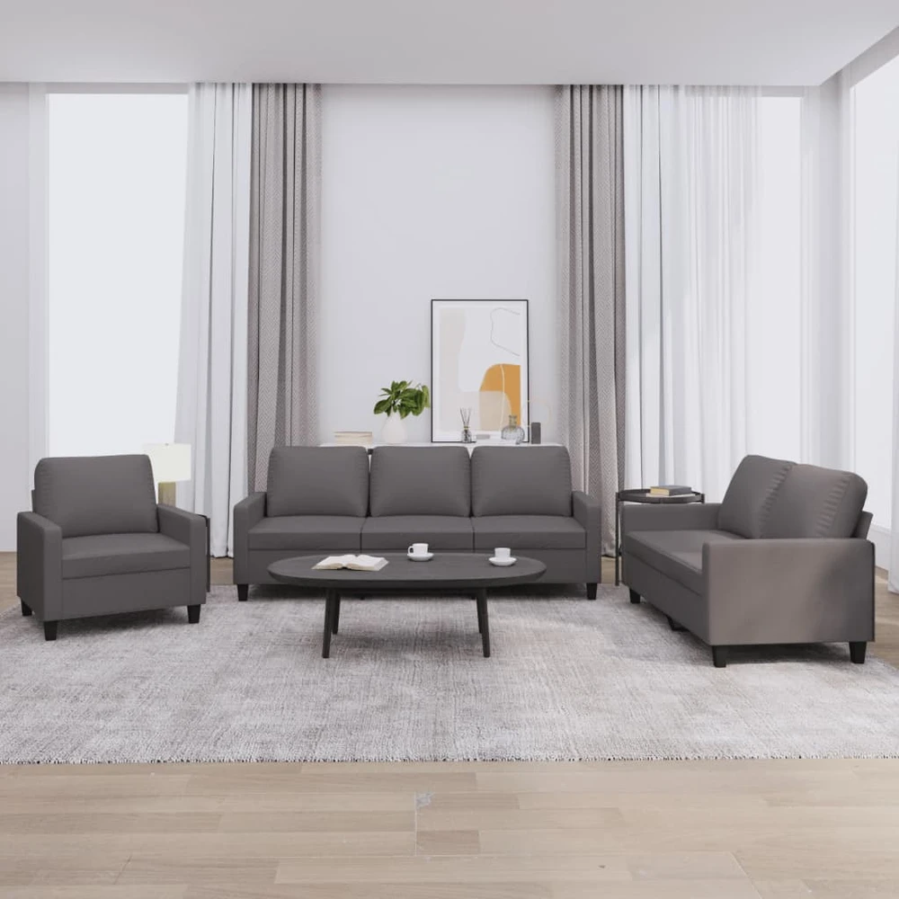 Sofa Sofos komplektas su pagalvėlėmis, 3 dalių, pilkas, dirbtinė oda