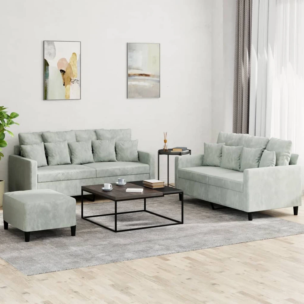 Sofa Sofos komplektas su pagalvėlėmis, 3 dalių, pilkas, aksomas