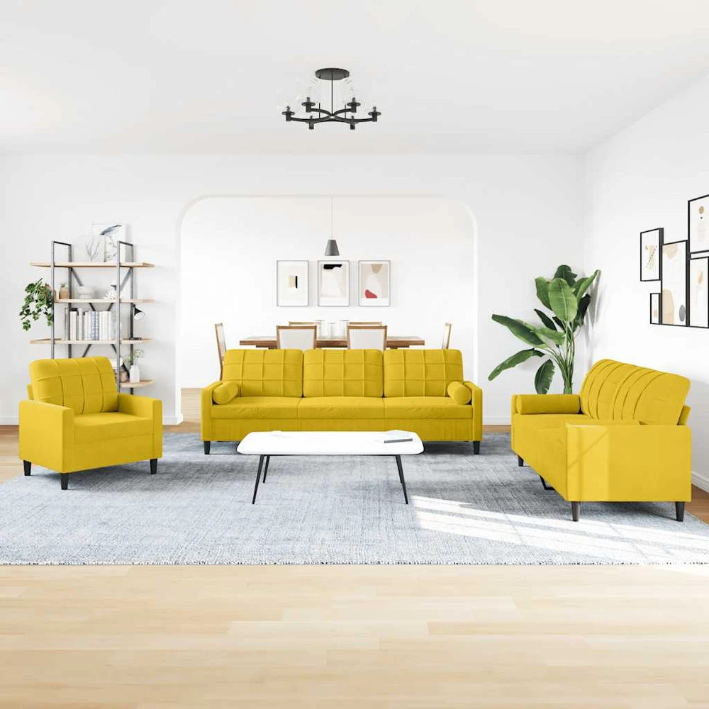 Sofa Sofos komplektas su pagalvėlėmis, 3 dalių, geltonas, aksomas
