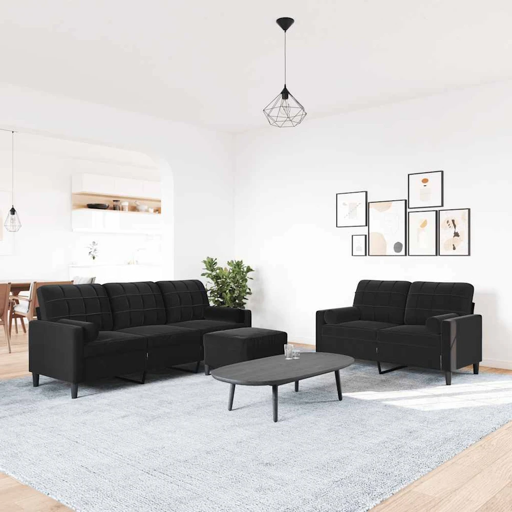Sofa Sofos komplektas su pagalvėlėmis, 3 dalių, juodas, aksomas