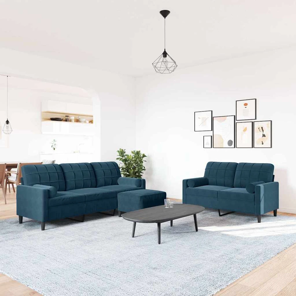 Sofa Sofos komplektas su pagalvėlėmis, 3 dalių, mėlynas, aksomas