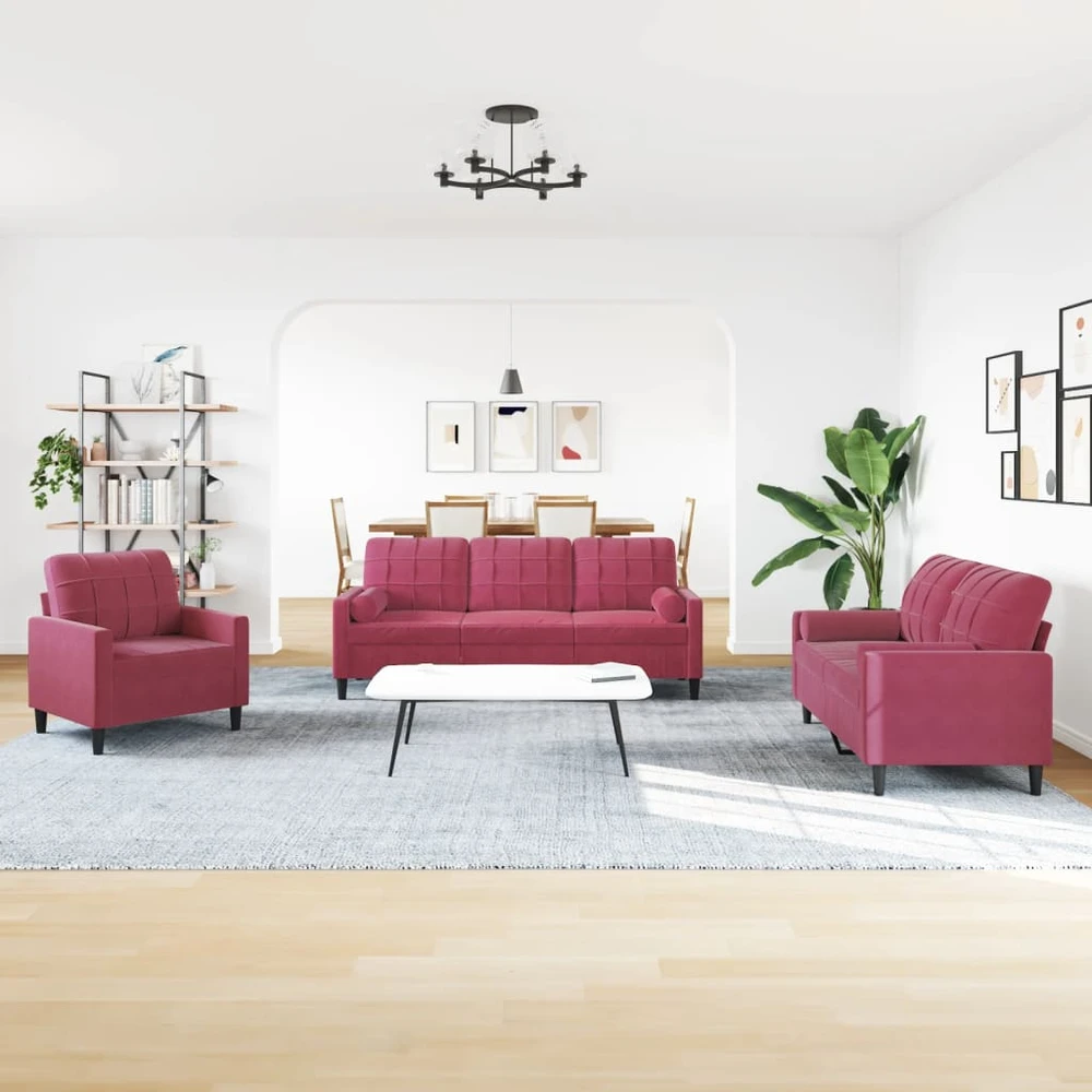 Sofa Sofos komplektas su pagalvėlėmis, 3 dalių, vyno, aksomas