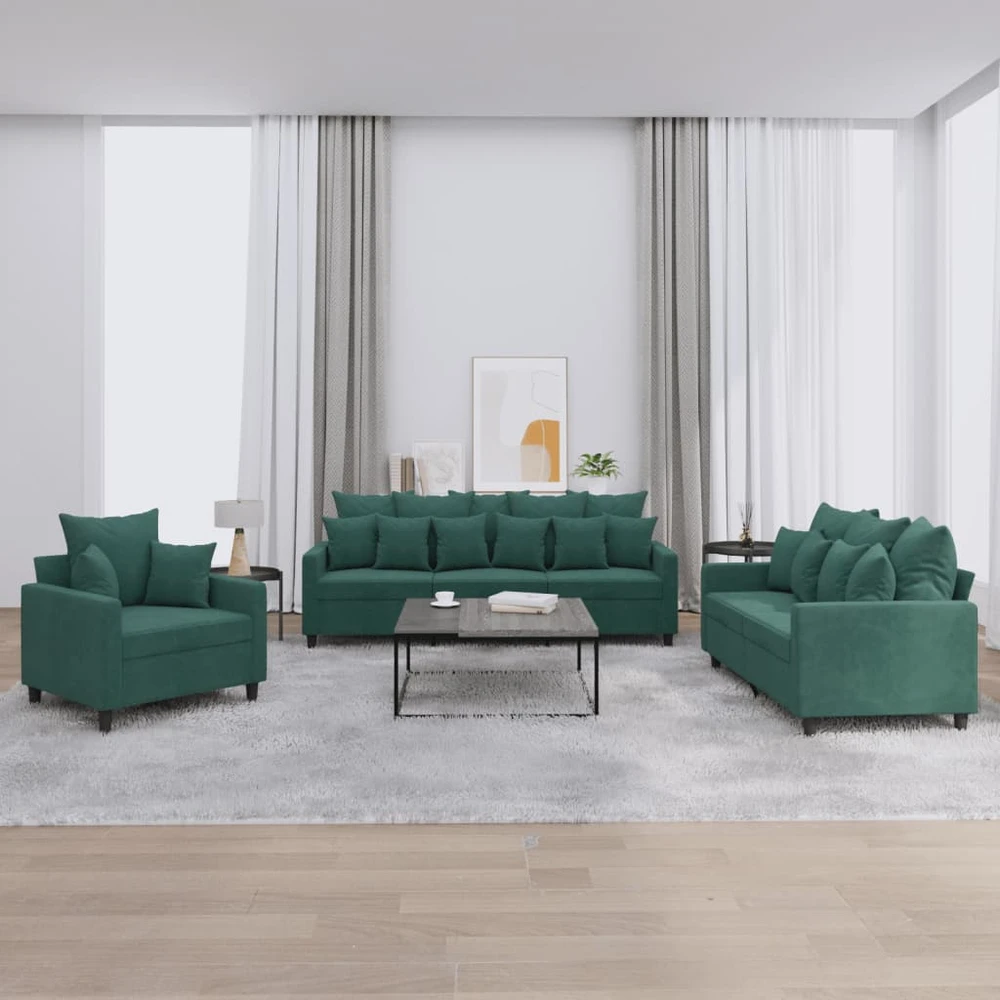 Sofa Sofos komplektas su pagalvėlėmis, 3 dalių, žalias, aksomas