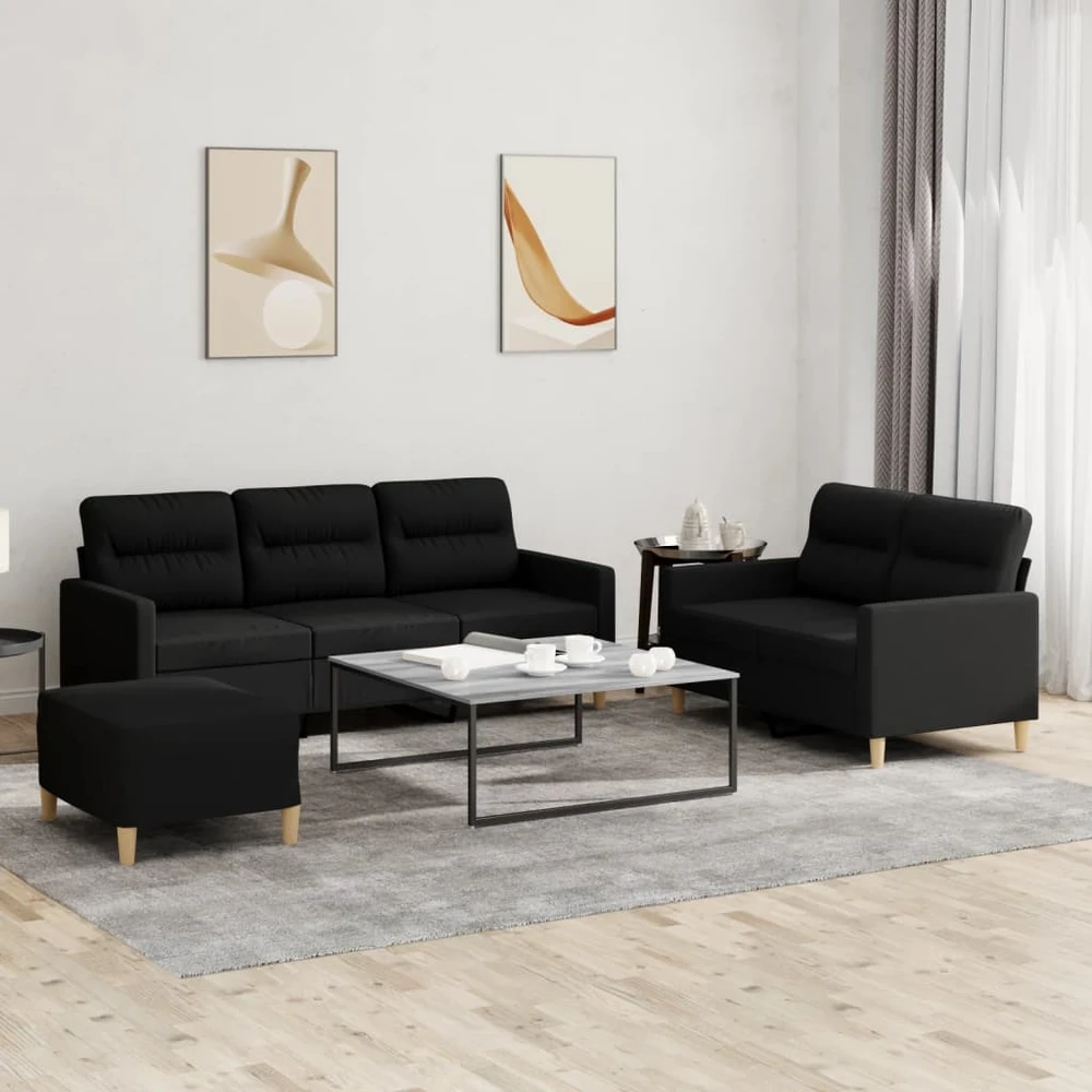 Sofa Sofos komplektas su pagalvėlėmis, 3 dalių, juodas, audinys