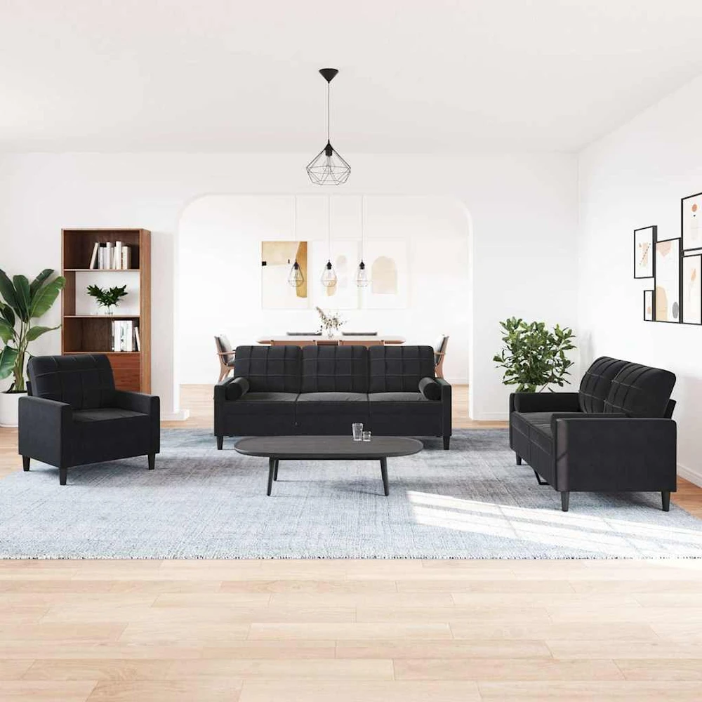 Sofa Sofos komplektas su pagalvėlėmis, 3 dalių, juodas, aksomas