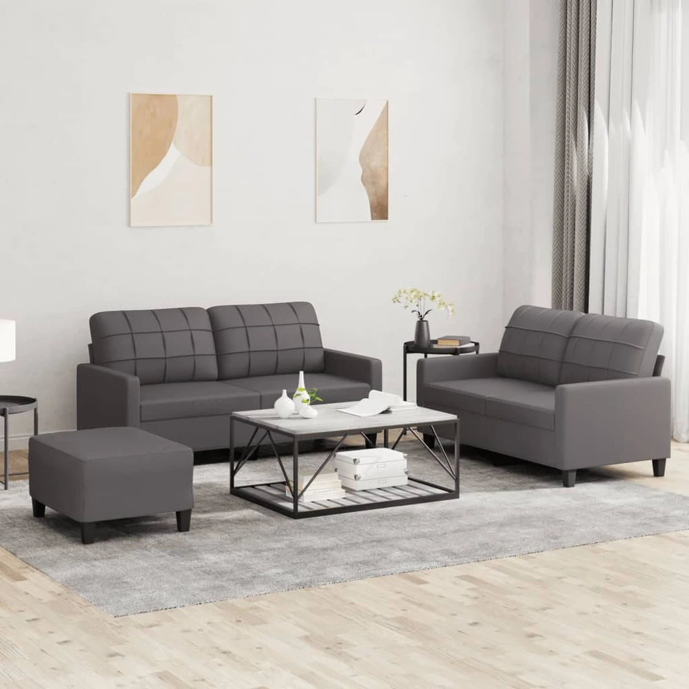 Sofa Sofos komplektas su pagalvėlėmis, 3 dalių, pilkas, dirbtinė oda