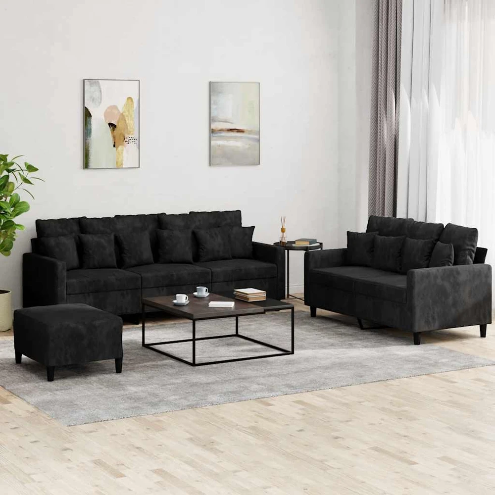 Sofa Sofos komplektas su pagalvėlėmis, 3 dalių, juodas, aksomas