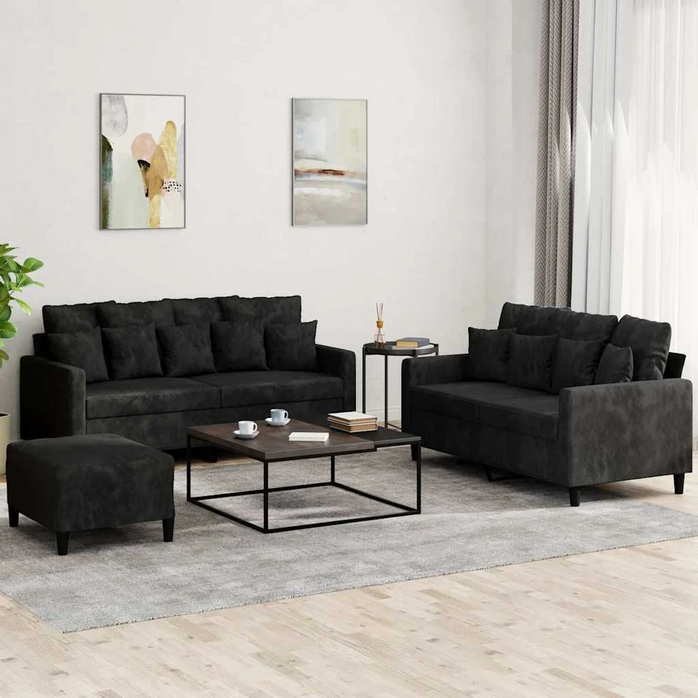 Sofa Sofos komplektas su pagalvėlėmis, 3 dalių, juodas, aksomas