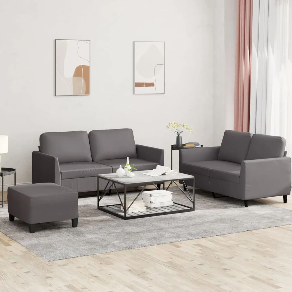 Sofa Sofos komplektas su pagalvėlėmis, 3 dalių, pilkas, dirbtinė oda