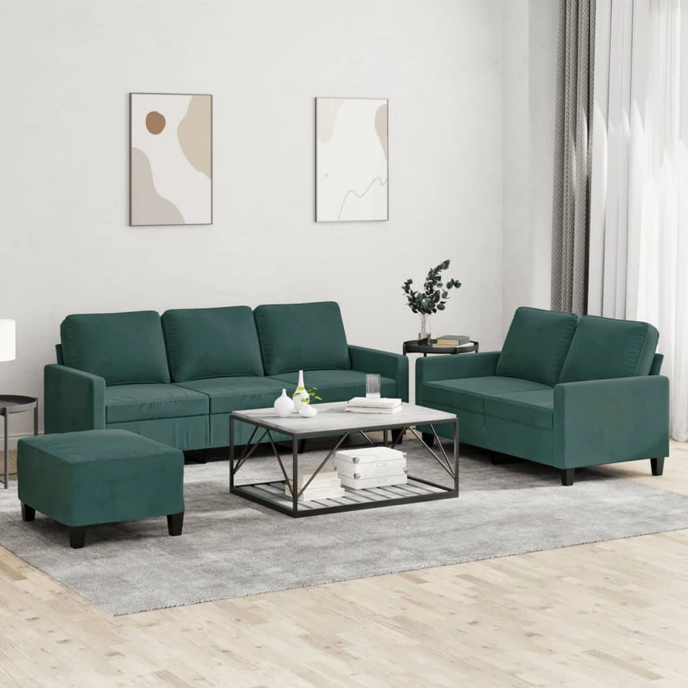 Sofa Sofos komplektas su pagalvėlėmis, 3 dalių, žalias, aksomas