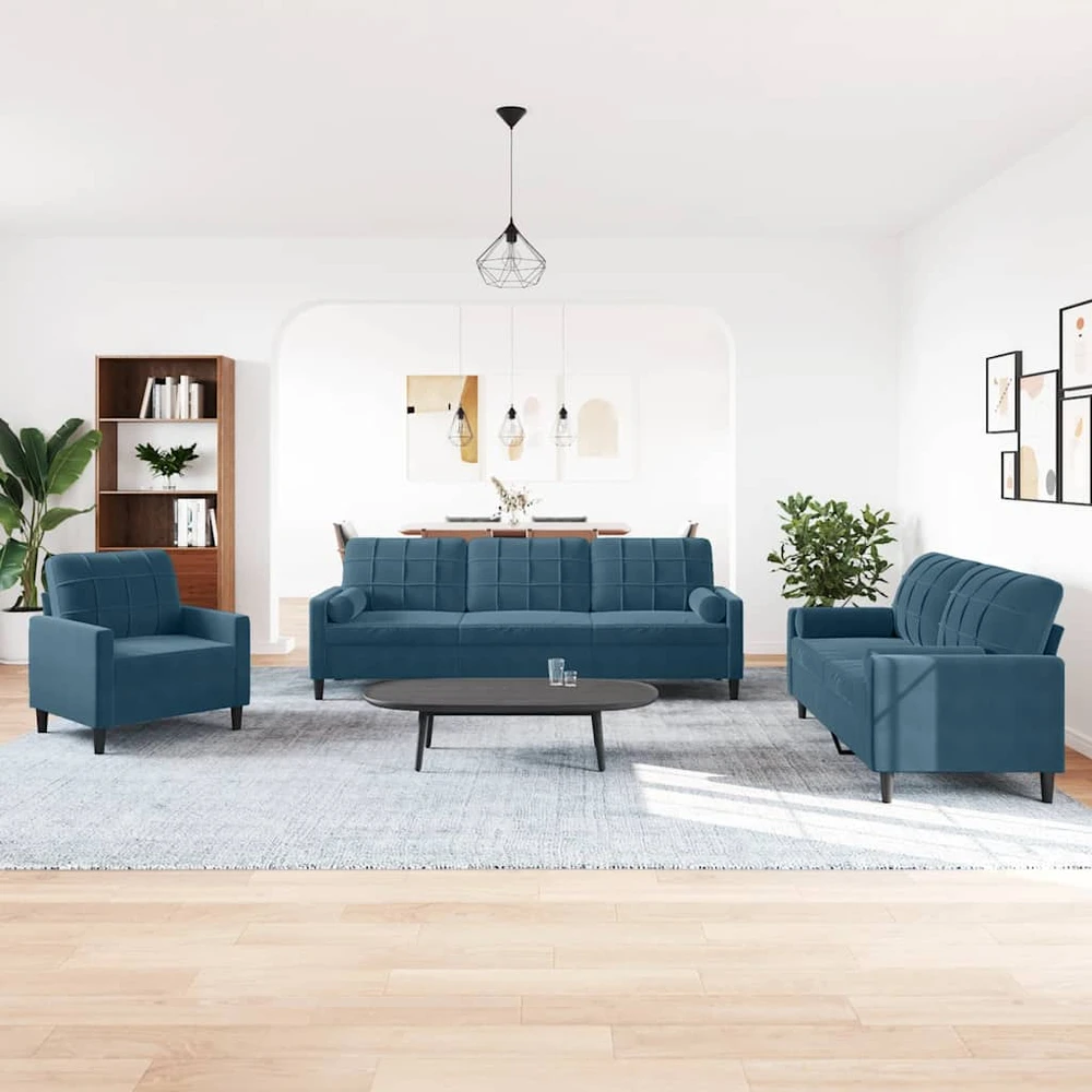 Sofa Sofos komplektas su pagalvėlėmis, 3 dalių, mėlynas, aksomas