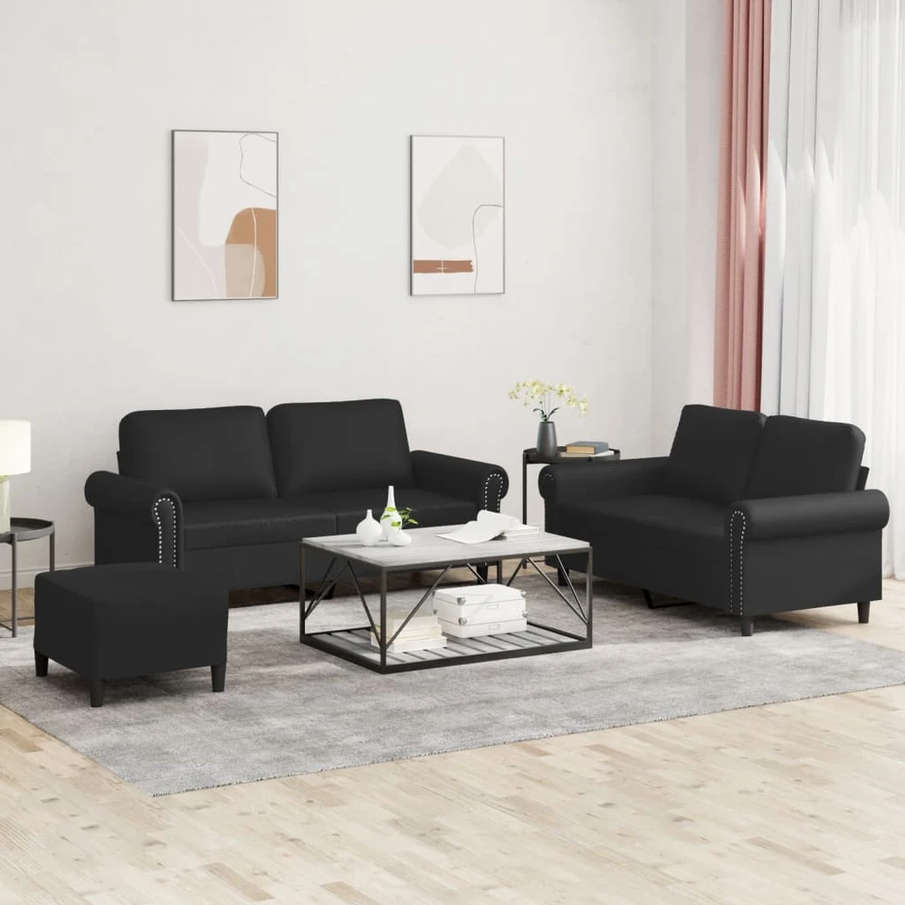 Sofa Sofos komplektas su pagalvėlėmis, 3 dalių, juodas, dirbtinė oda