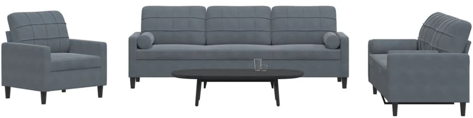 Sofa Sofos komplektas su pagalvėlėmis, 3 dalių, pilkas, aksomas