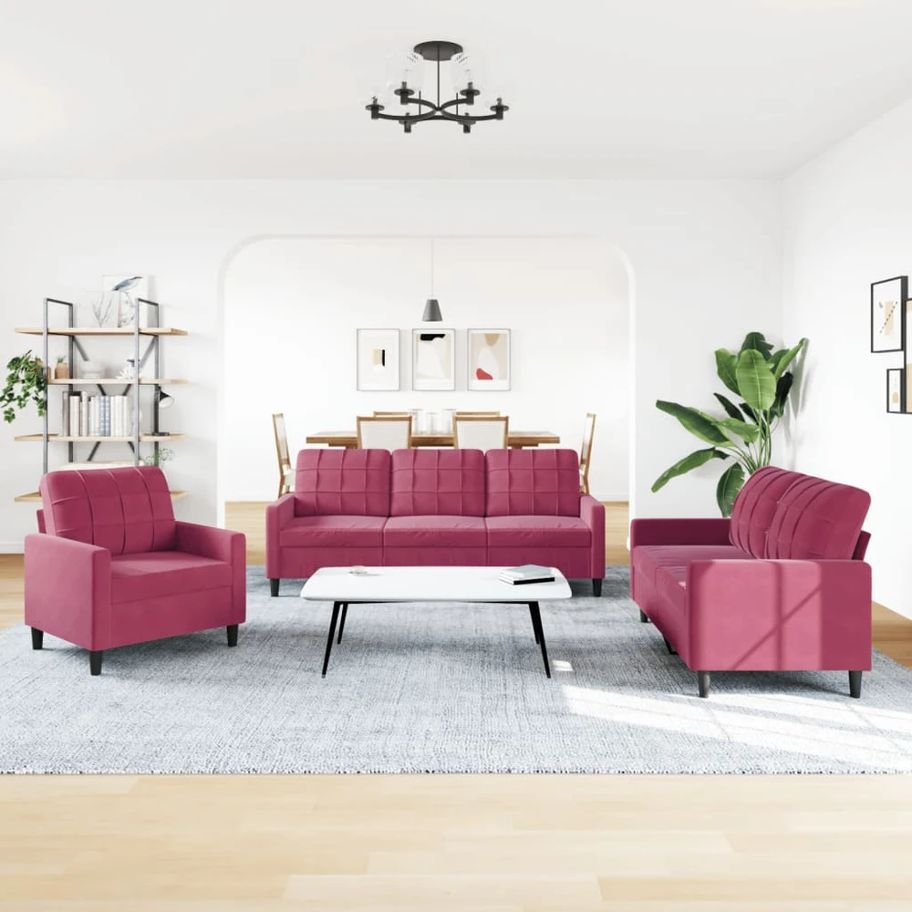 Sofa Sofos komplektas su pagalvėlėmis, 3 dalių, vyno, aksomas