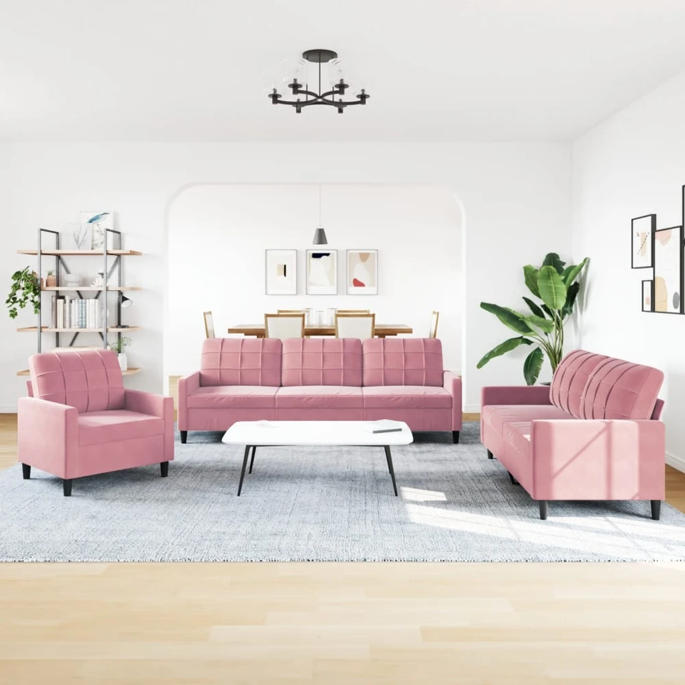 Sofa Sofos komplektas su pagalvėlėmis, 3 dalių, rožinis, aksomas