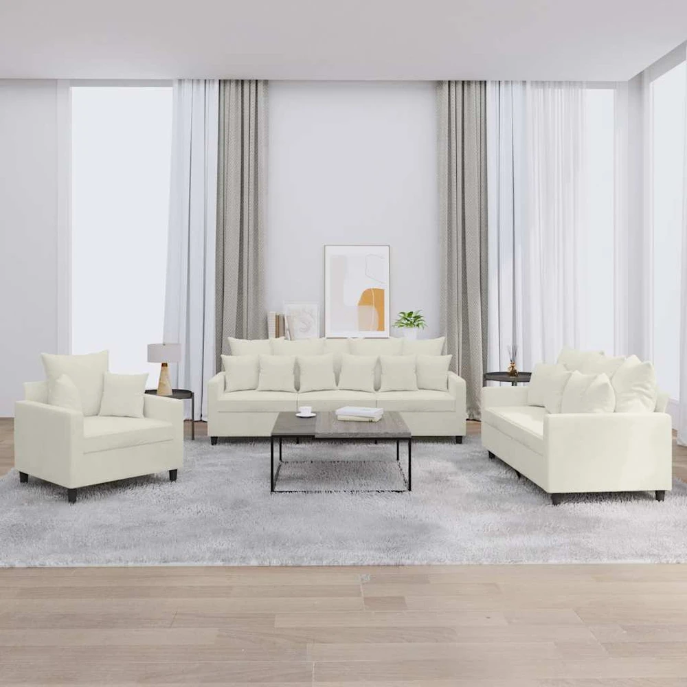 Sofa Sofos komplektas su pagalvėlėmis, 3 dalių, kreminis, aksomas