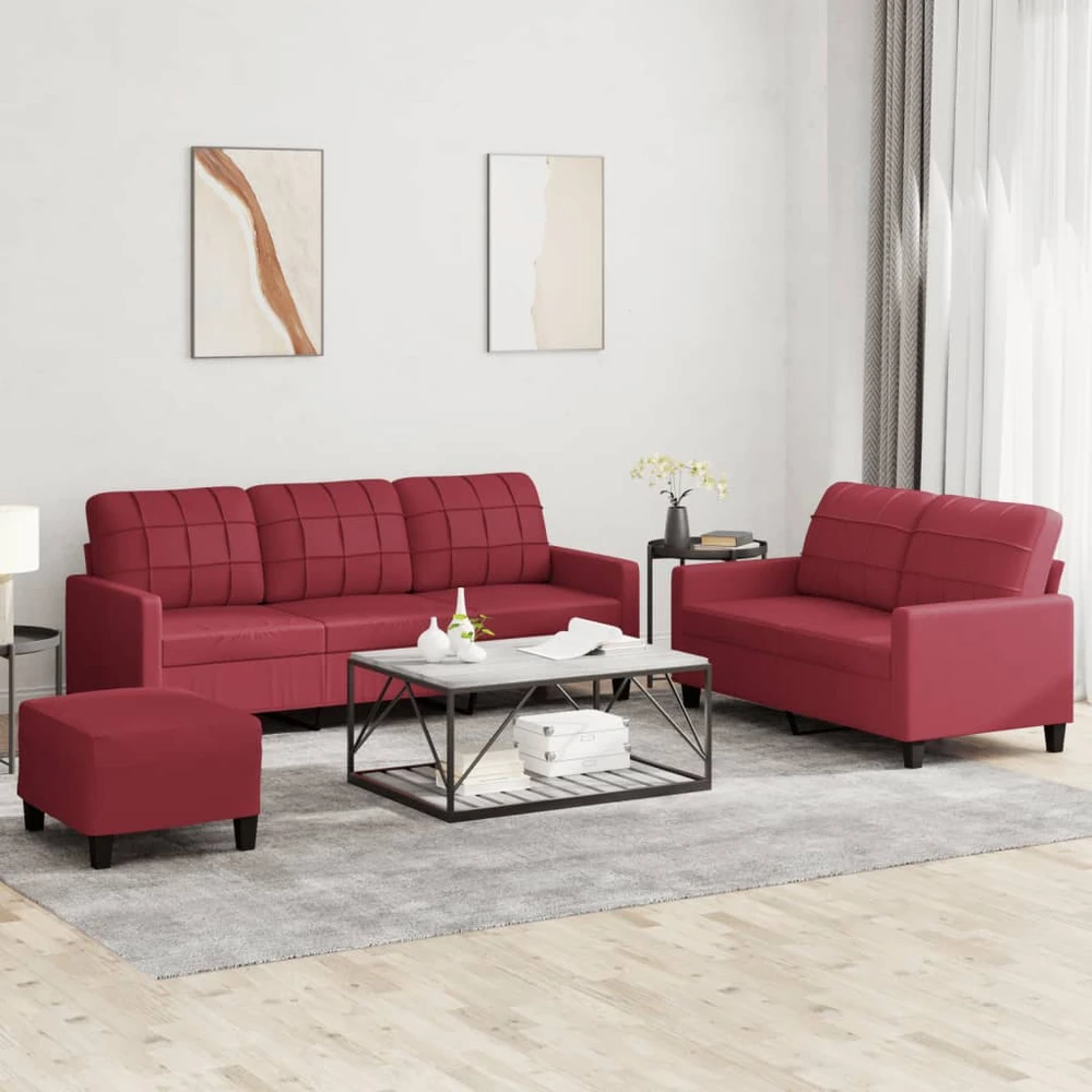 Sofa Sofos komplektas su pagalvėlėmis, 3 dalių, vyno, dirbtinė oda