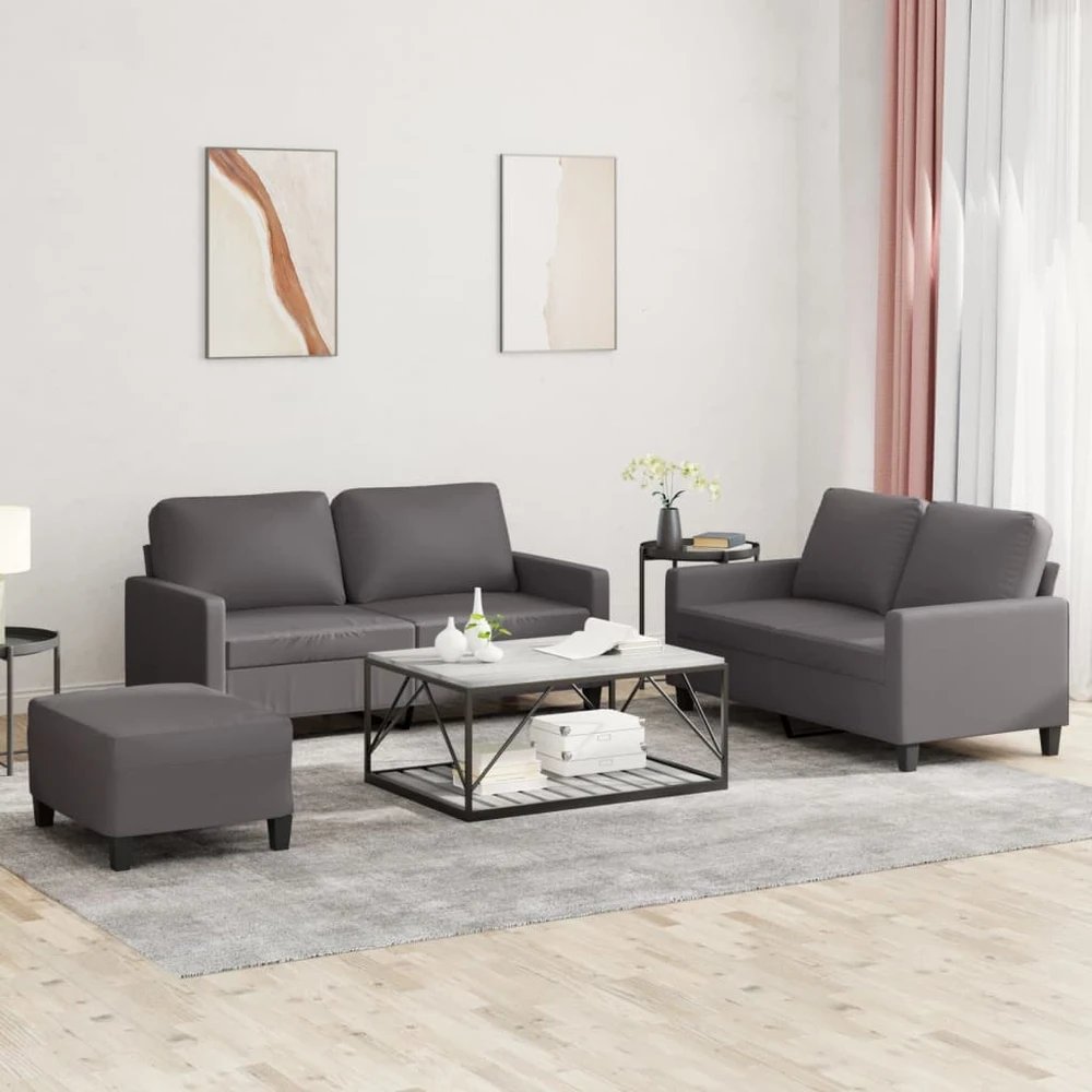 Sofa Sofos komplektas su pagalvėlėmis, 3 dalių, pilkas, dirbtinė oda