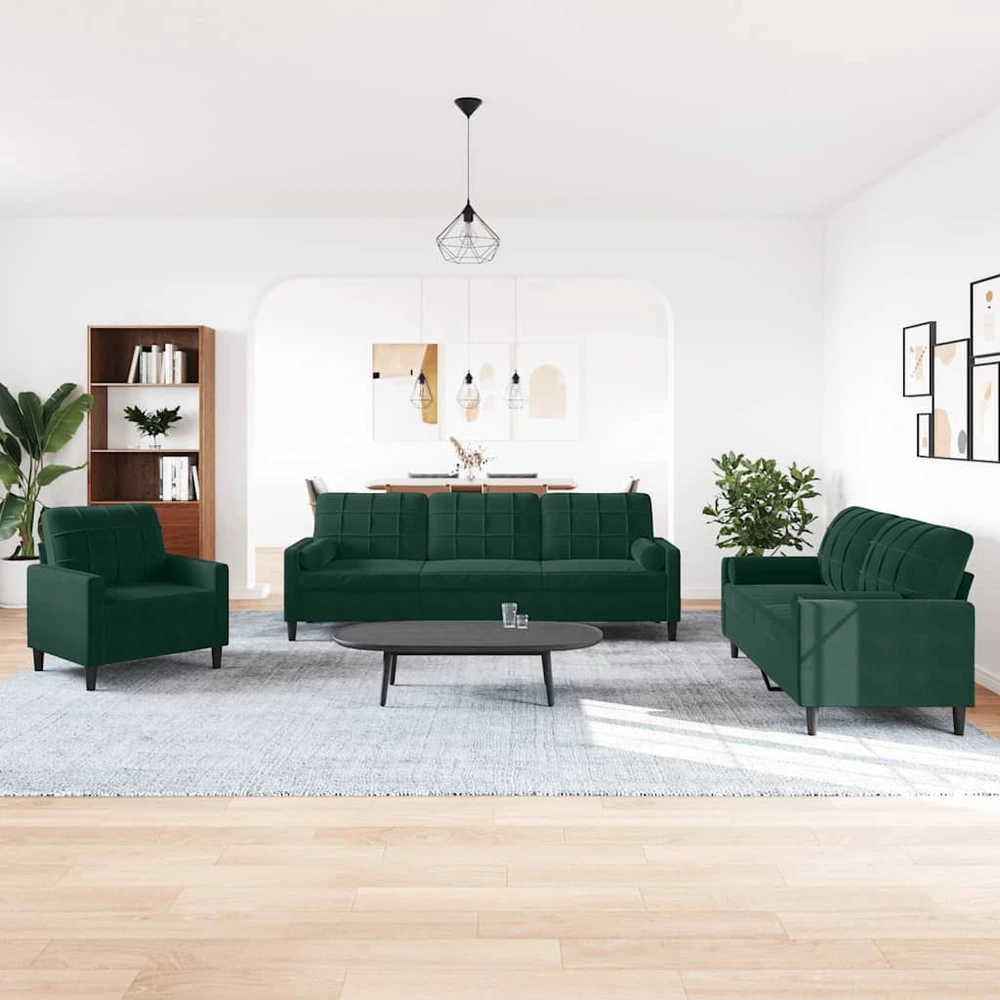 Sofa Sofos komplektas su pagalvėlėmis, 3 dalių, žalias, aksomas