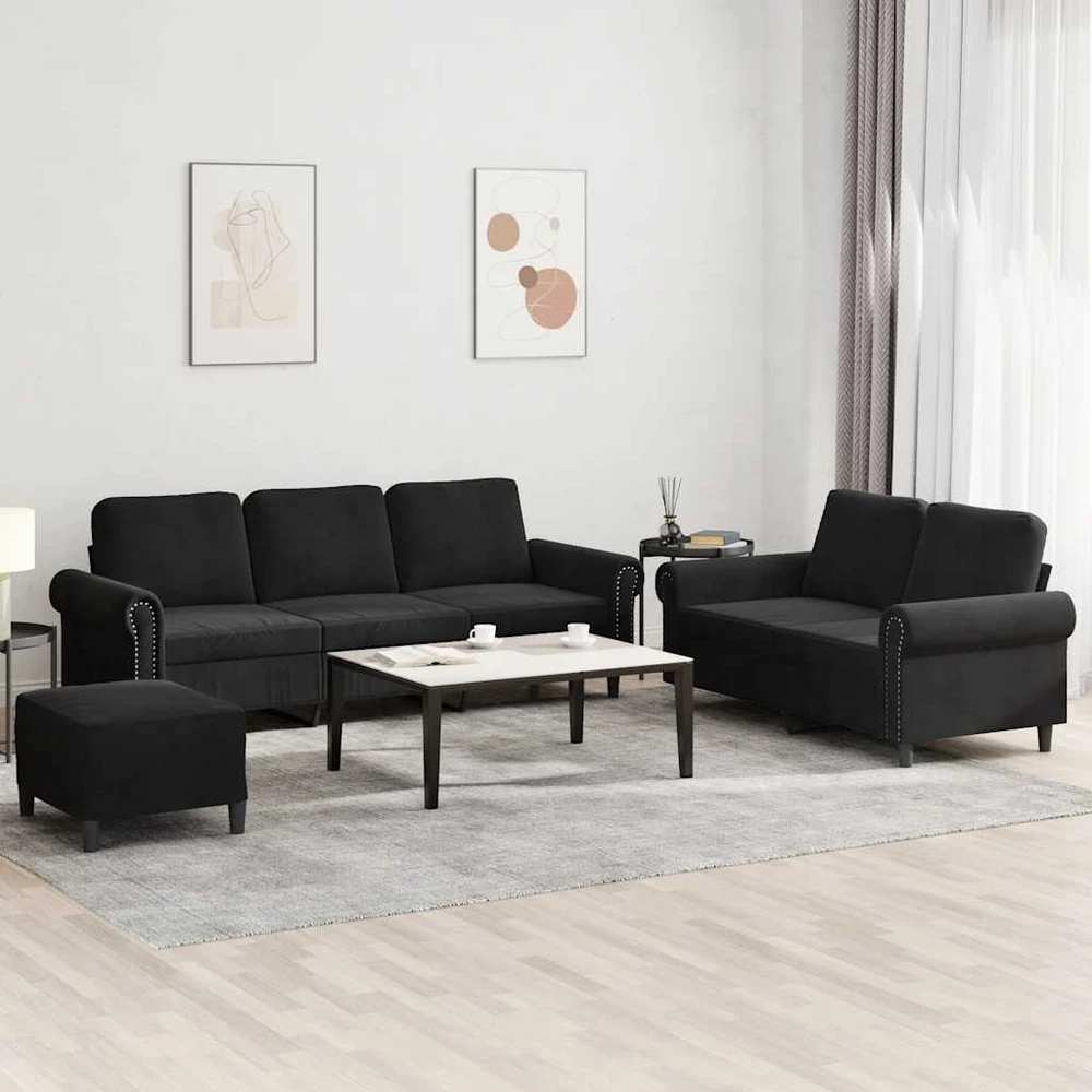Sofa Sofos komplektas su pagalvėlėmis, 3 dalių, juodas, aksomas