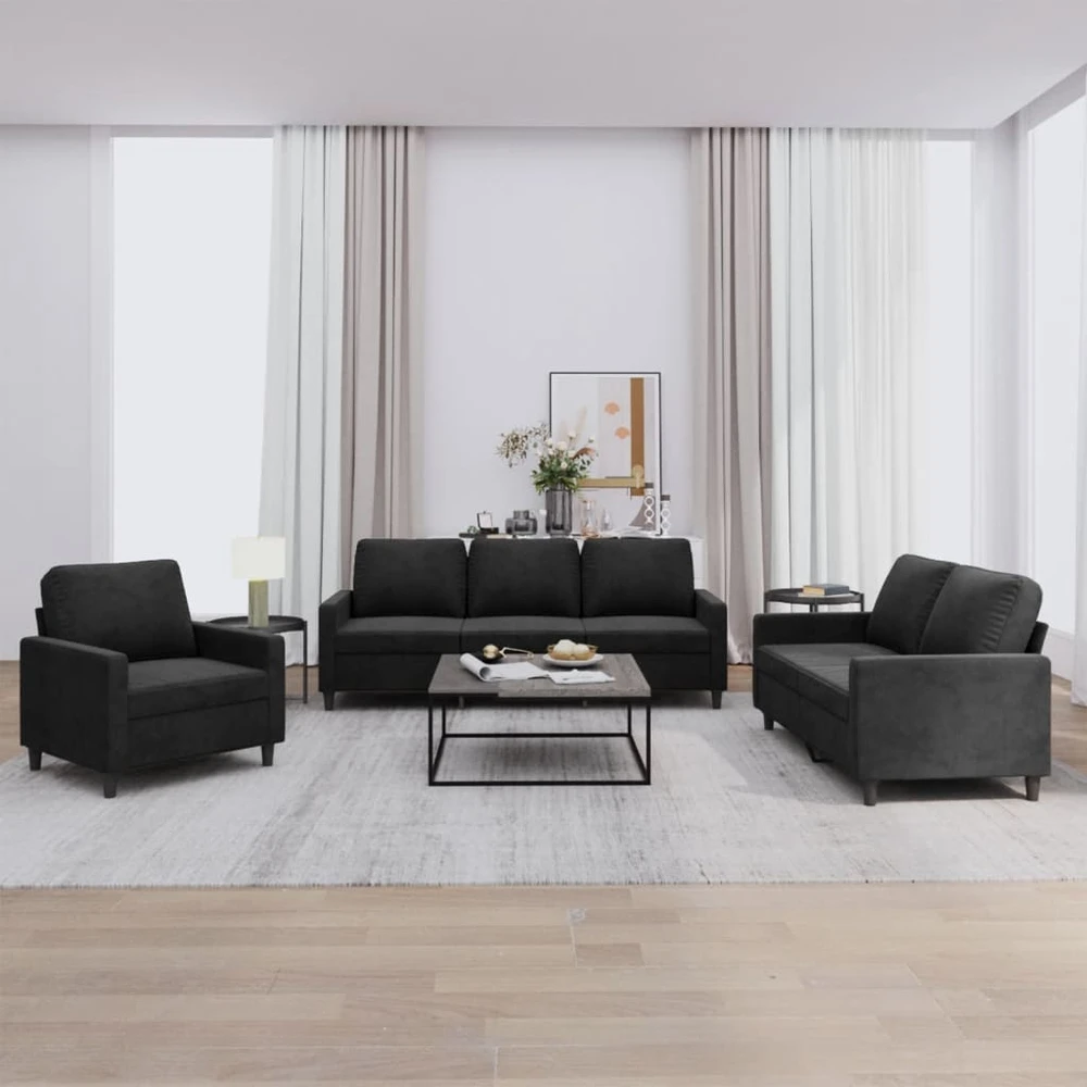 Sofa Sofos komplektas su pagalvėlėmis, 3 dalių, juodas, aksomas