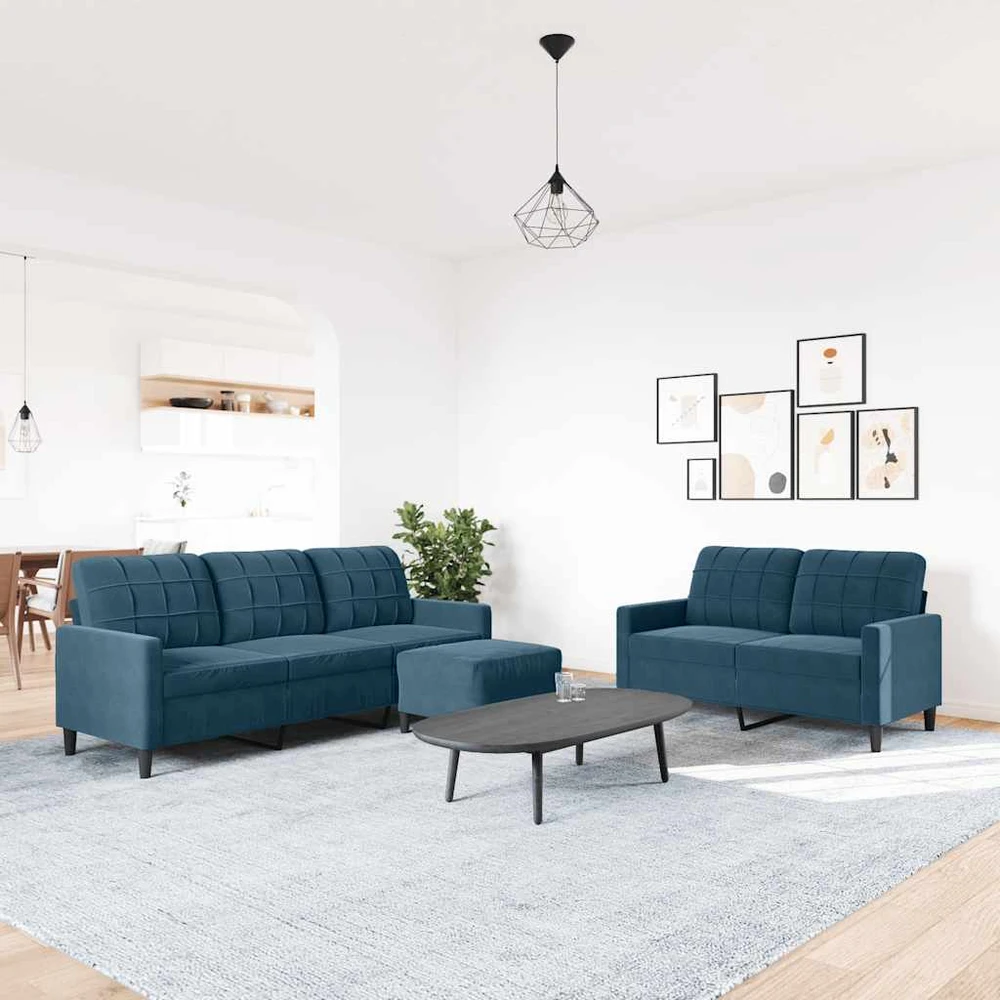 Sofa Sofos komplektas su pagalvėlėmis, 3 dalių, mėlynas, aksomas