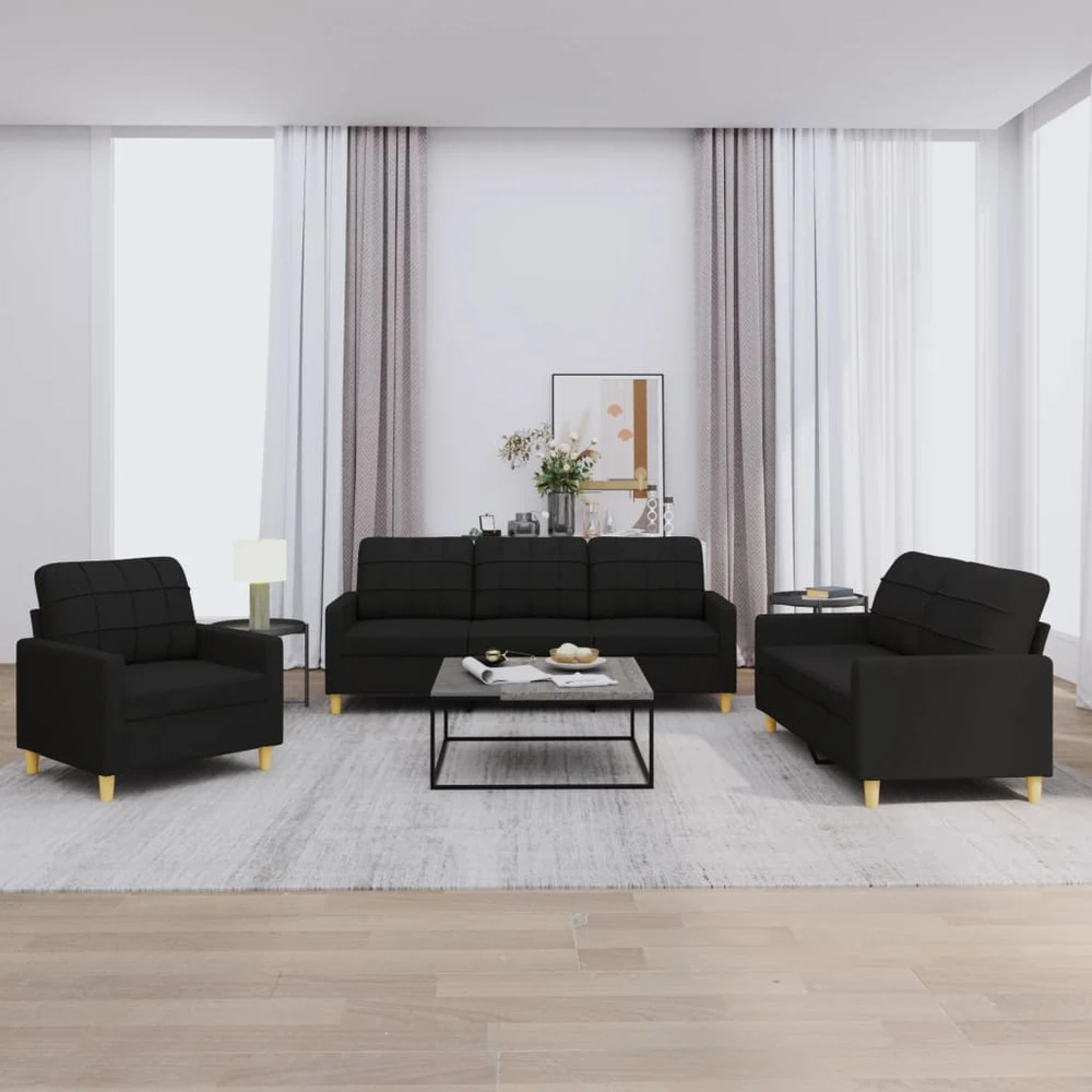 Sofa Sofos komplektas su pagalvėlėmis, 3 dalių, juodas, audinys