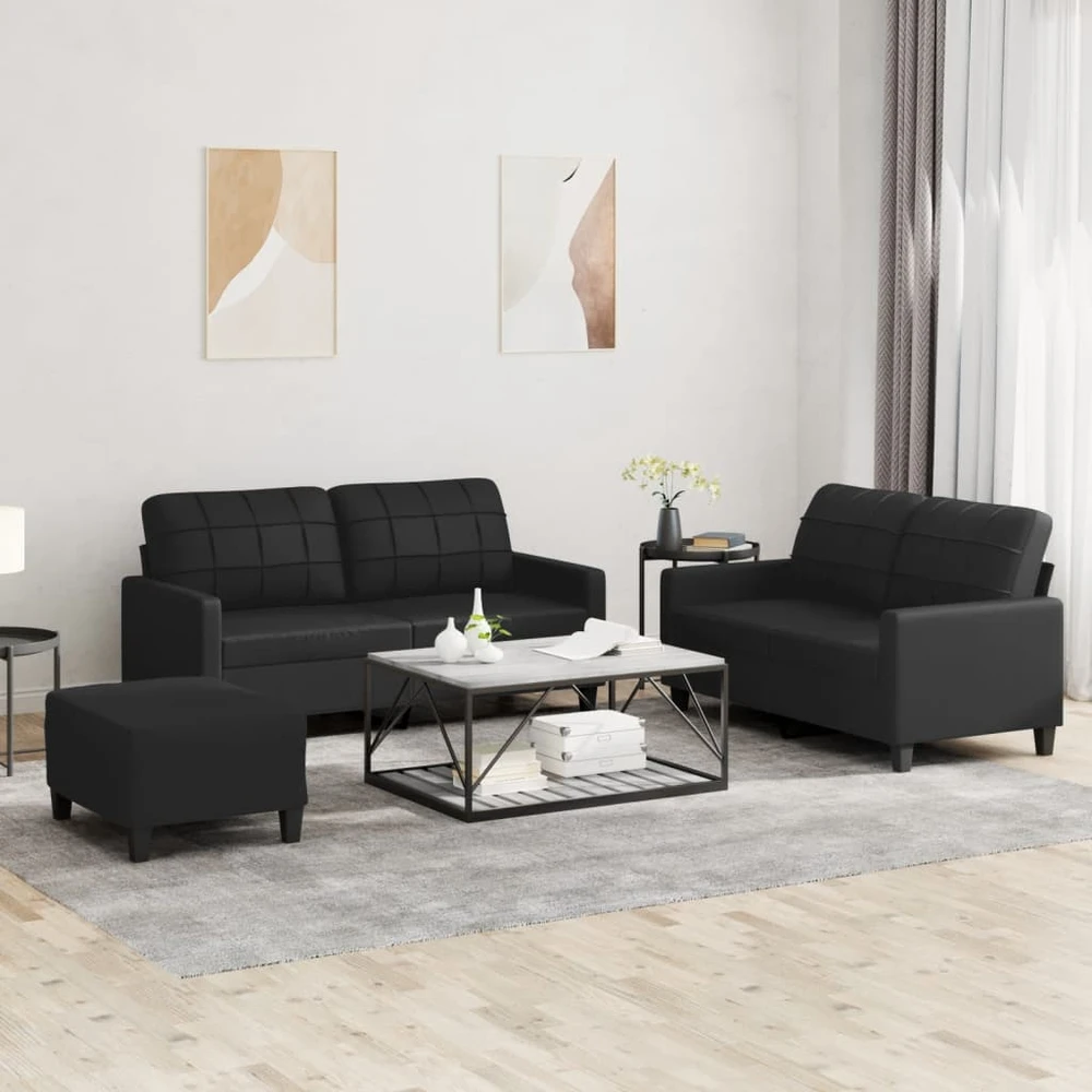 Sofa Sofos komplektas su pagalvėlėmis, 3 dalių, juodas, dirbtinė oda