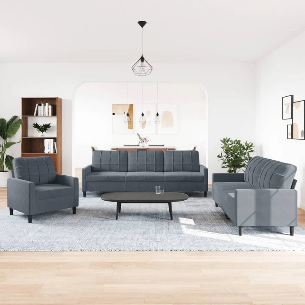Sofa Sofos komplektas su pagalvėlėmis, 3 dalių, pilkas, aksomas