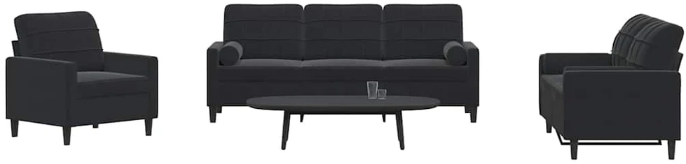 Sofa Sofos komplektas su pagalvėlėmis, 3 dalių, juodas, aksomas