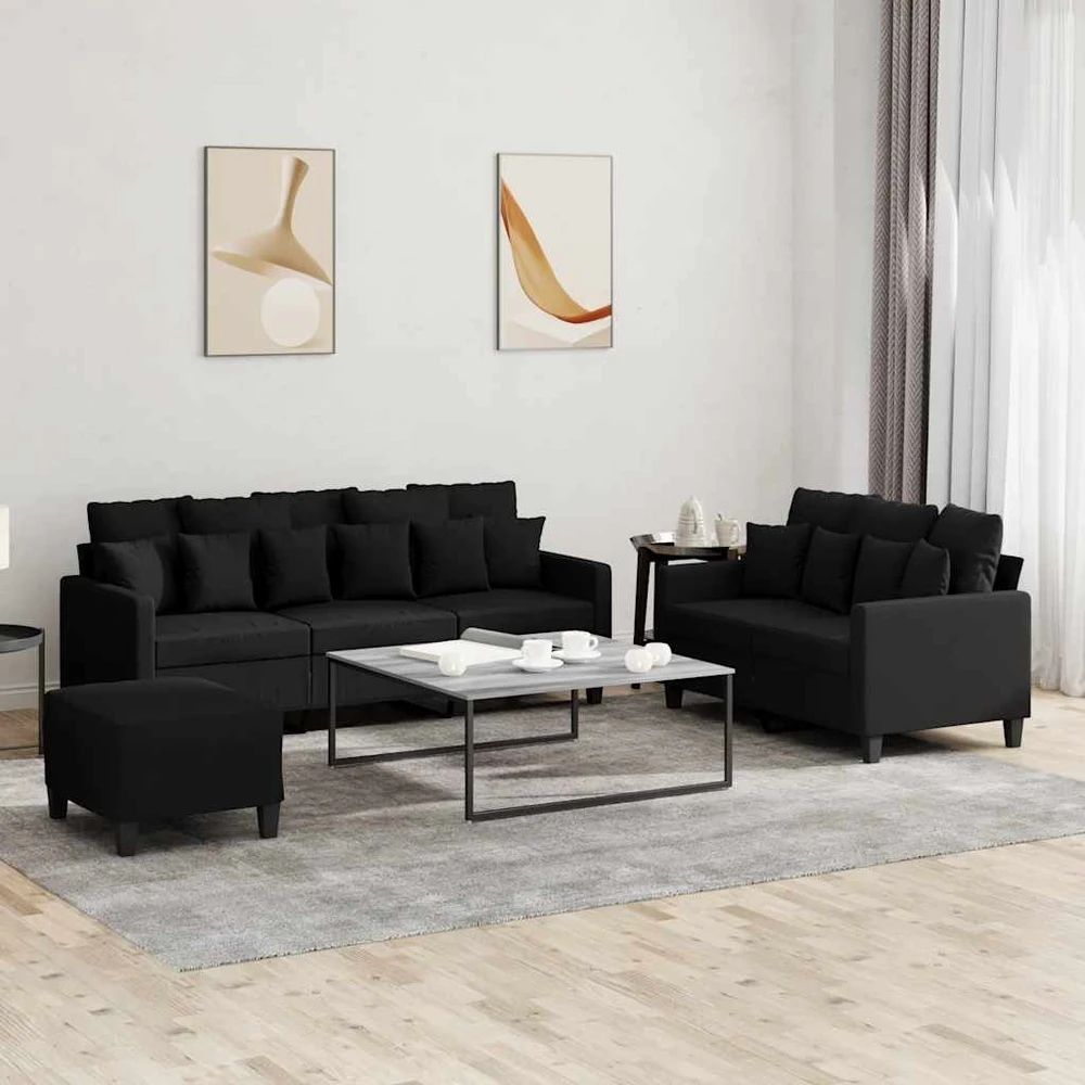 Sofa Sofos komplektas su pagalvėlėmis, 3 dalių, juodas, audinys