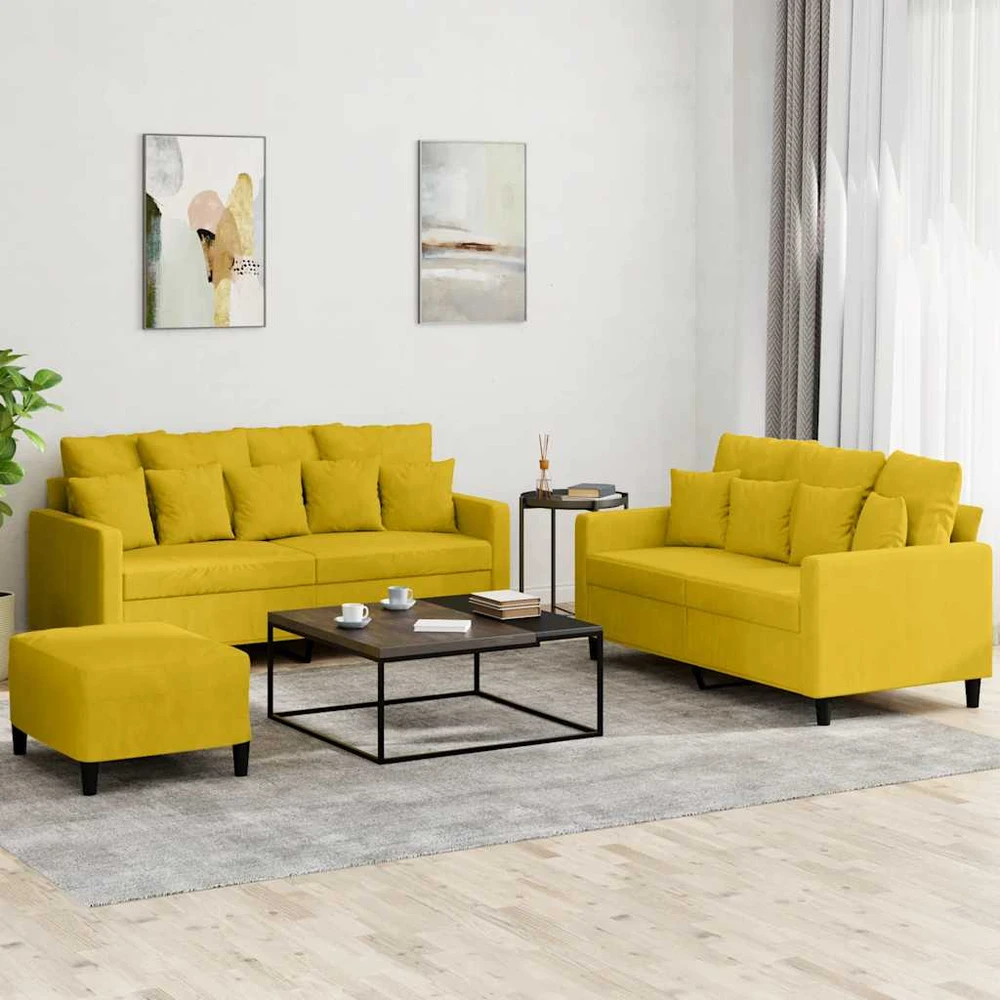 Sofa Sofos komplektas su pagalvėlėmis, 3 dalių, geltonas, aksomas