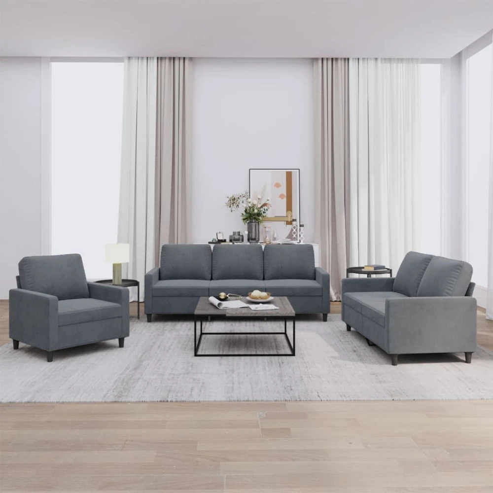 Sofa Sofos komplektas su pagalvėlėmis, 3 dalių, pilkas, aksomas