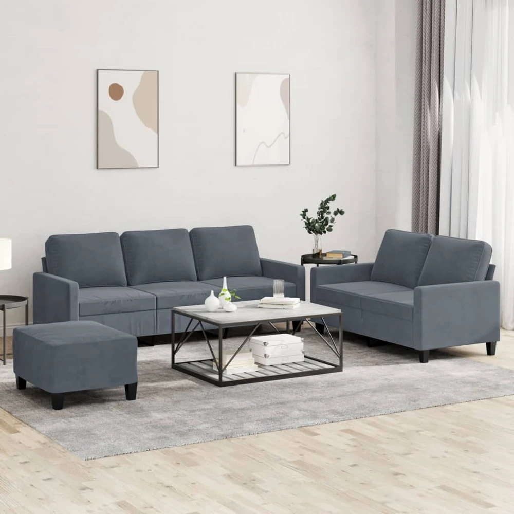 Sofa Sofos komplektas su pagalvėlėmis, 3 dalių, pilkas, aksomas