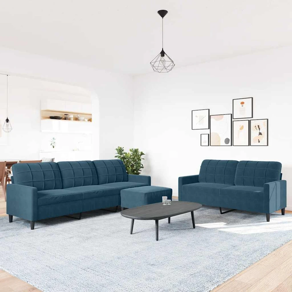 Sofa Sofos komplektas su pagalvėlėmis, 3 dalių, mėlynas, aksomas