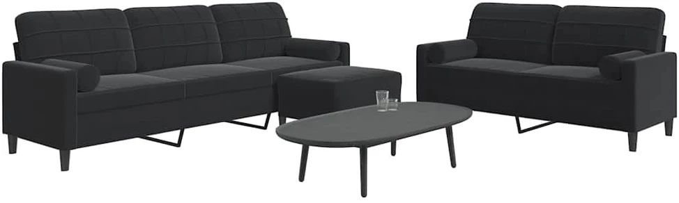 Sofa Sofos komplektas su pagalvėlėmis, 3 dalių, juodas, aksomas