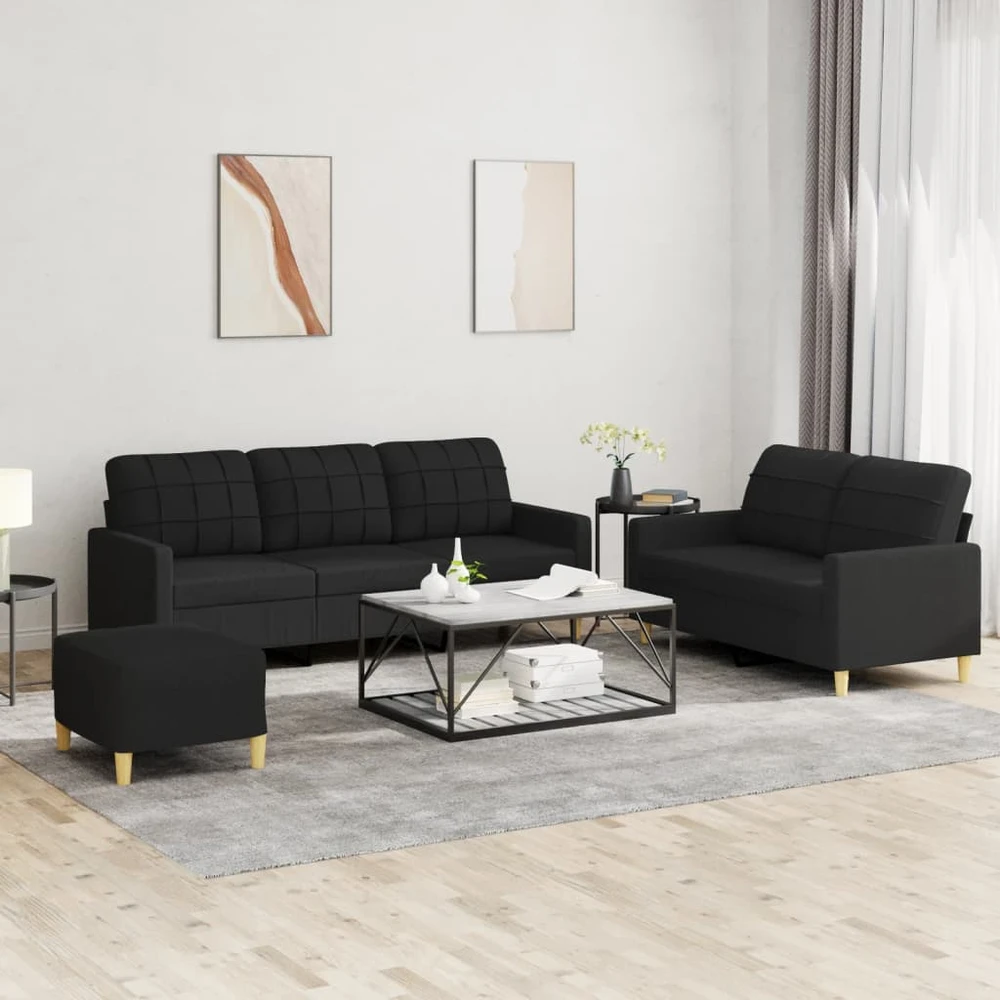 Sofa Sofos komplektas su pagalvėlėmis, 3 dalių, juodas, audinys