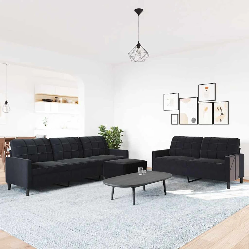 Sofa Sofos komplektas su pagalvėlėmis, 3 dalių, juodas, aksomas