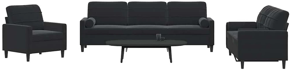 Sofa Sofos komplektas su pagalvėlėmis, 3 dalių, juodas, aksomas