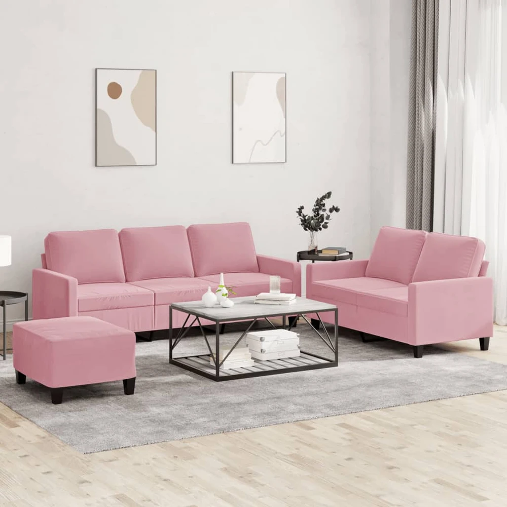 Sofa Sofos komplektas su pagalvėlėmis, 3 dalių, rožinis, aksomas