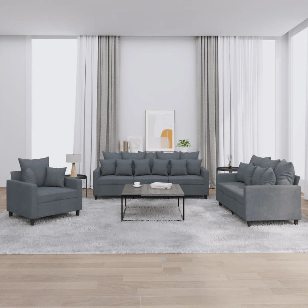 Sofa Sofos komplektas su pagalvėlėmis, 3 dalių, pilkas, aksomas