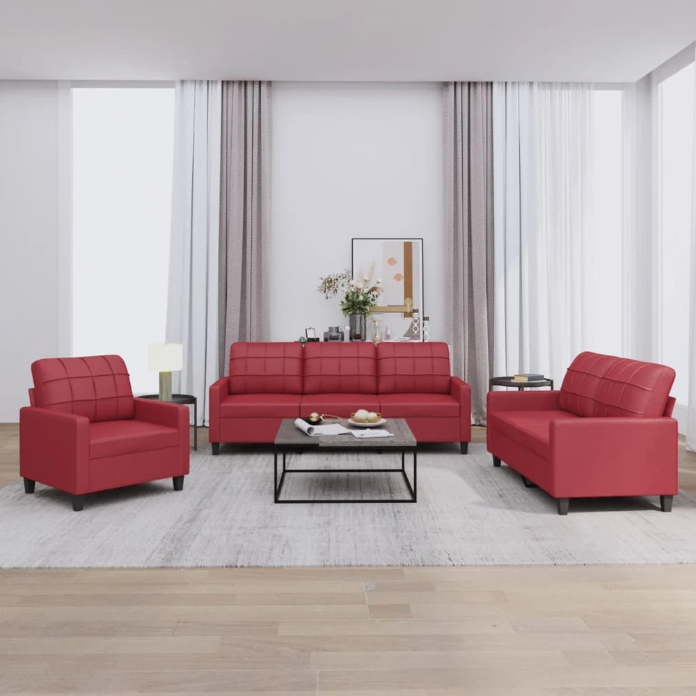 Sofa Sofos komplektas su pagalvėlėmis, 3 dalių, vyno, dirbtinė oda