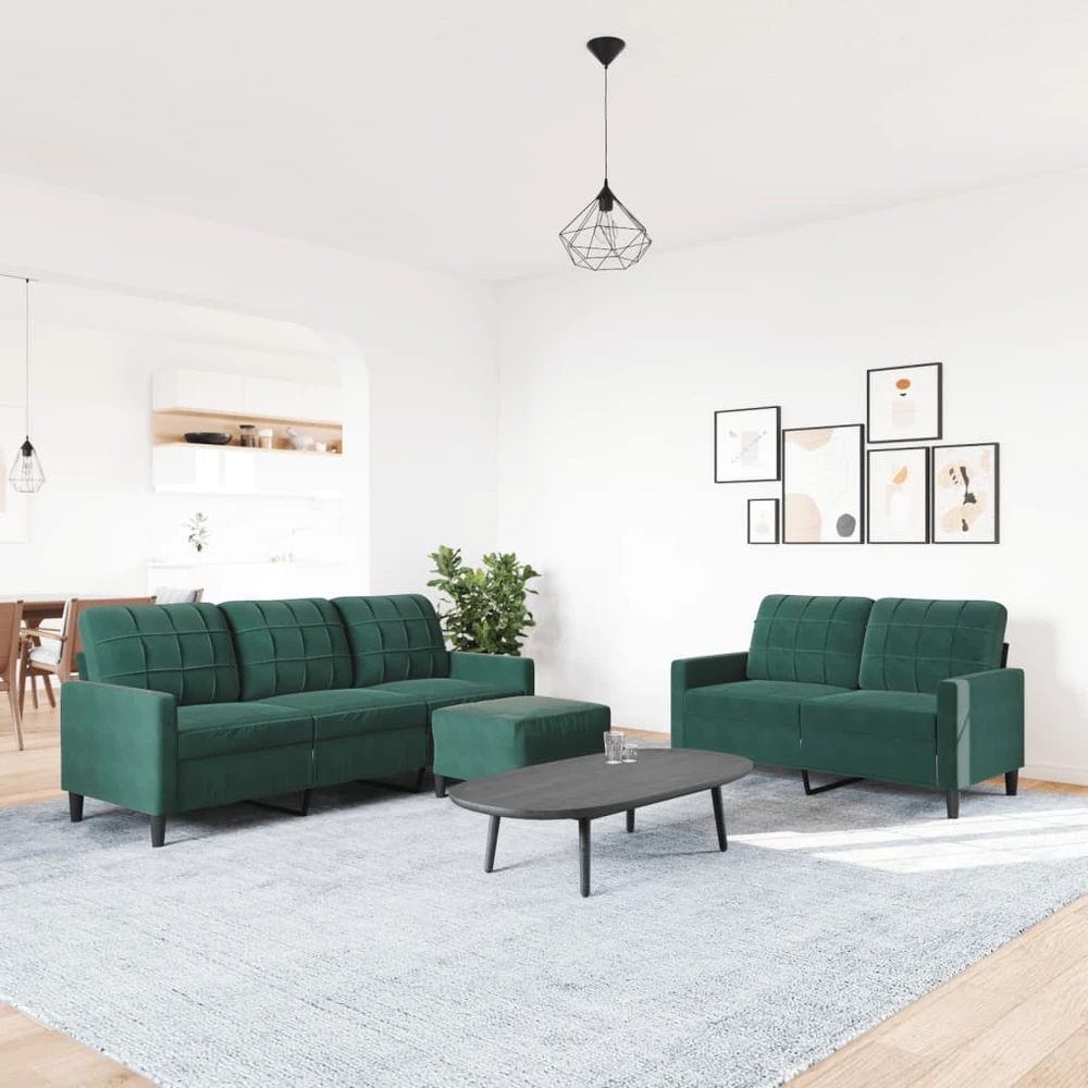 Sofa Sofos komplektas su pagalvėlėmis, 3 dalių, žalias, aksomas