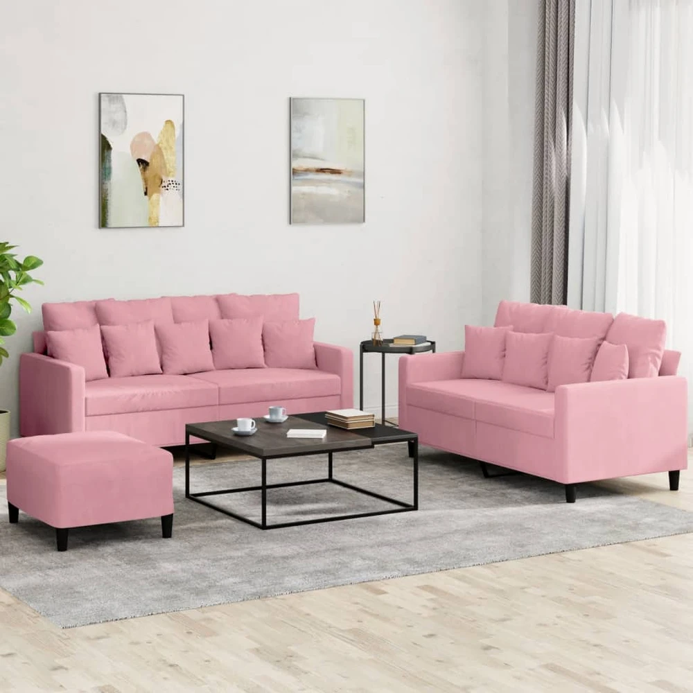 Sofa Sofos komplektas su pagalvėlėmis, 3 dalių, rožinis, aksomas